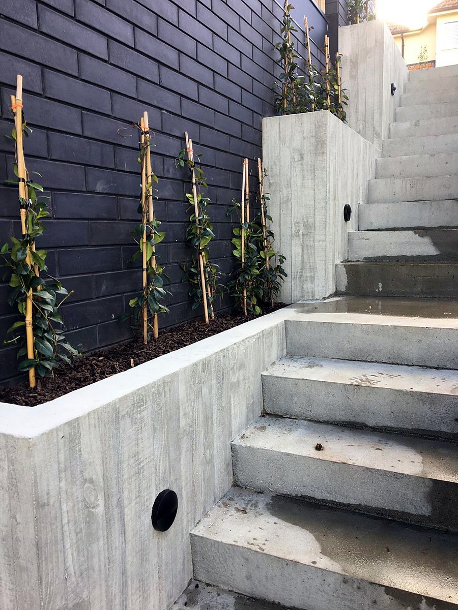 Board-formed concrete planter and steps